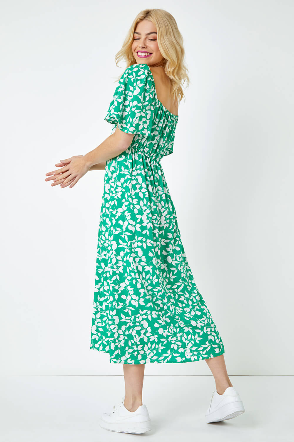 Green Floral Print Ruched Midi Dress , Image 3 of 5