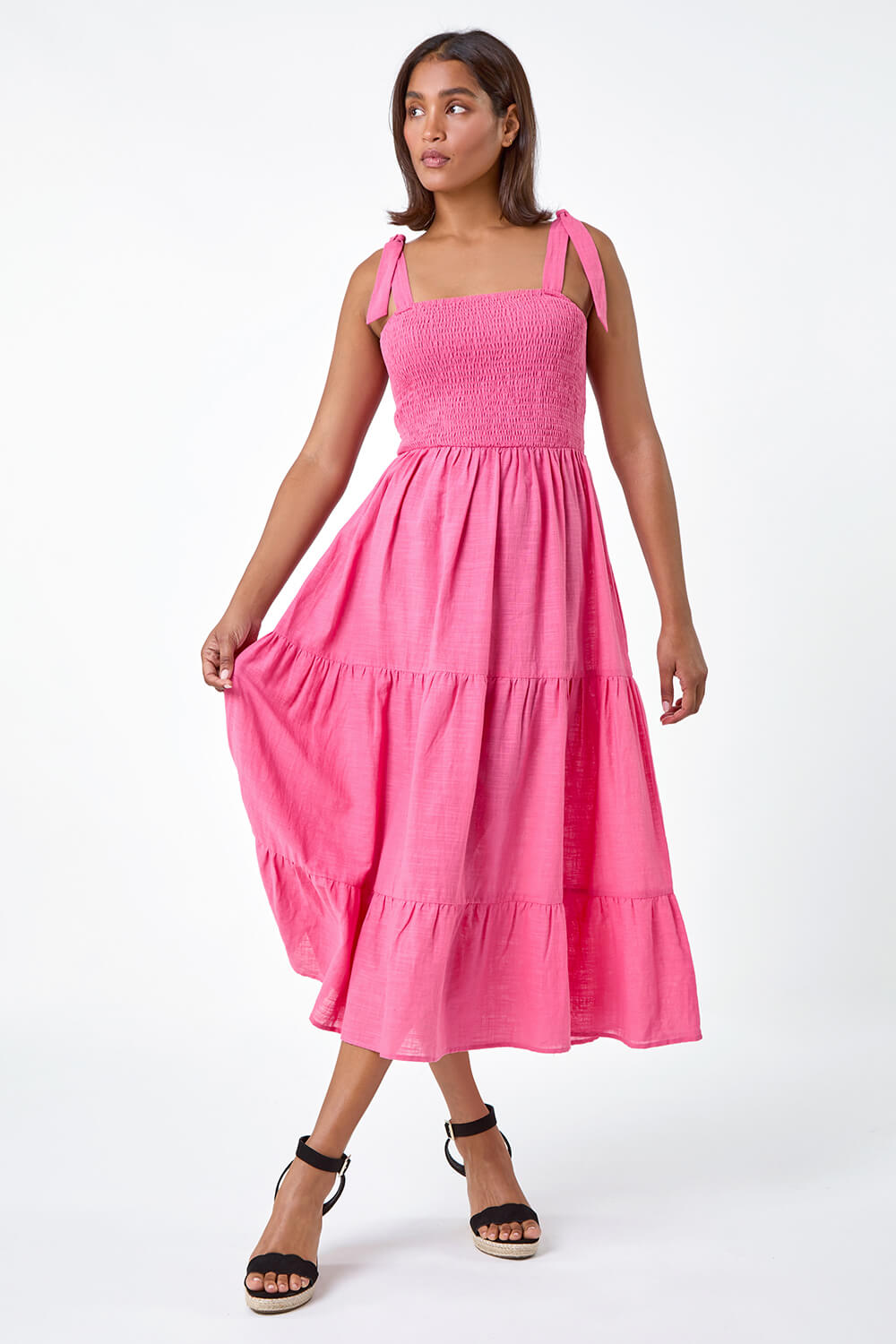 PINK Shirred Tie Cotton Tiered Midi Dress, Image 3 of 5
