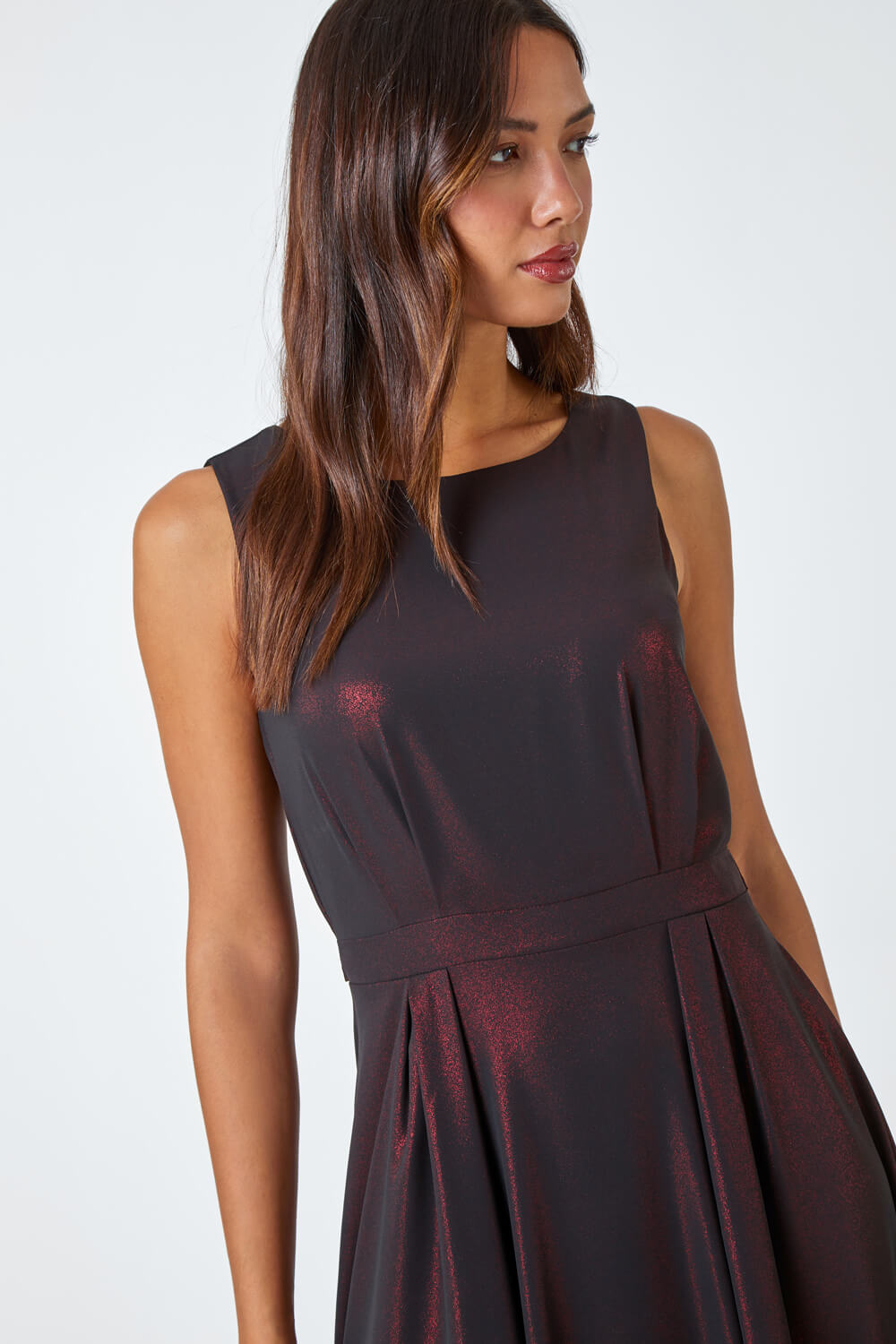 Red Pleat Detail Shimmer Midi Dress, Image 4 of 5