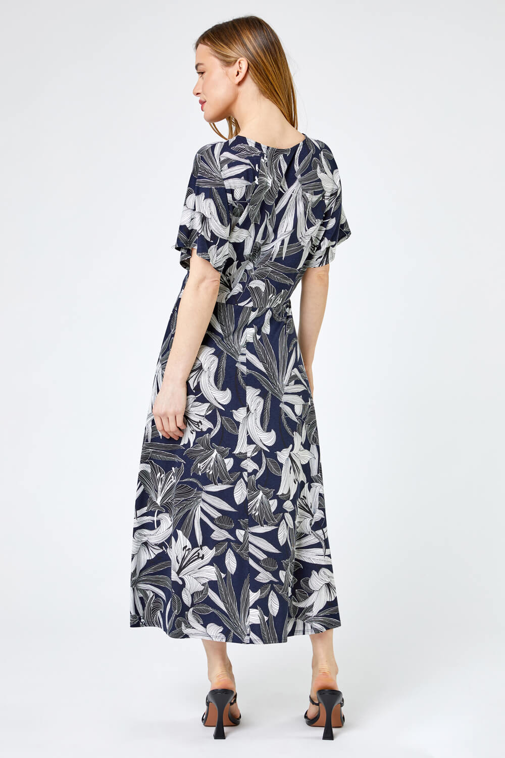 Navy  Petite Lily Print Ruched Midi Dress, Image 2 of 4