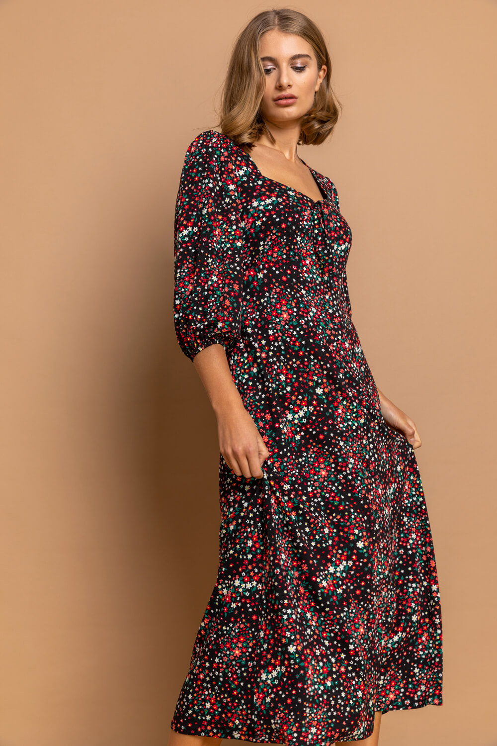 Black Ditsy Floral Tie Front Midi Dress, Image 3 of 5