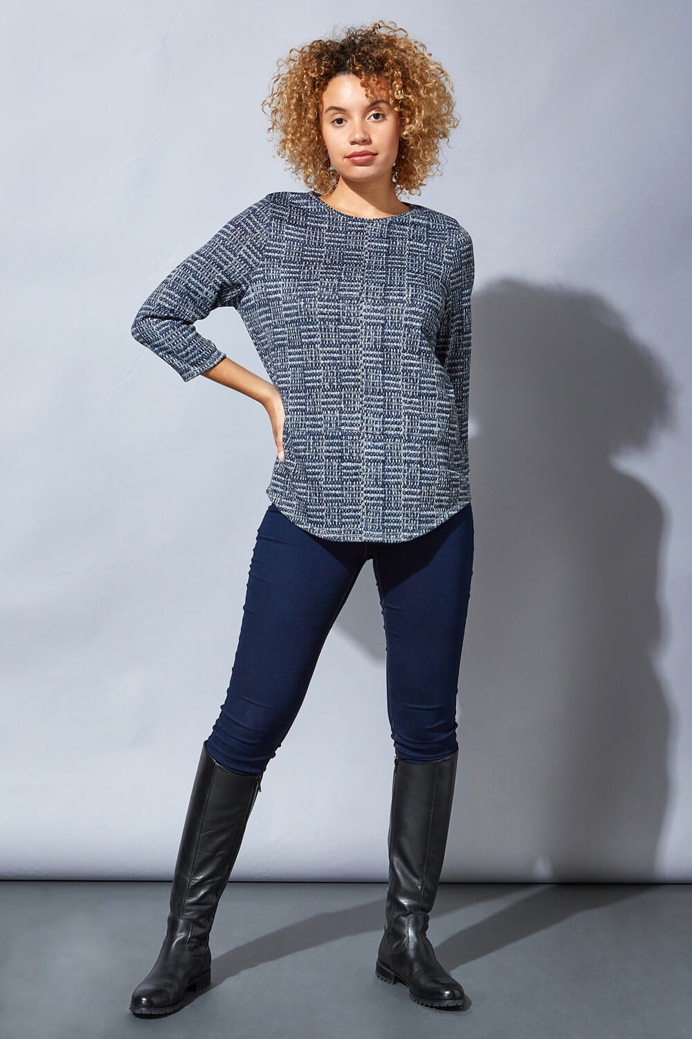 Blue Contrast Check Print Jersey Knit Top, Image 2 of 5