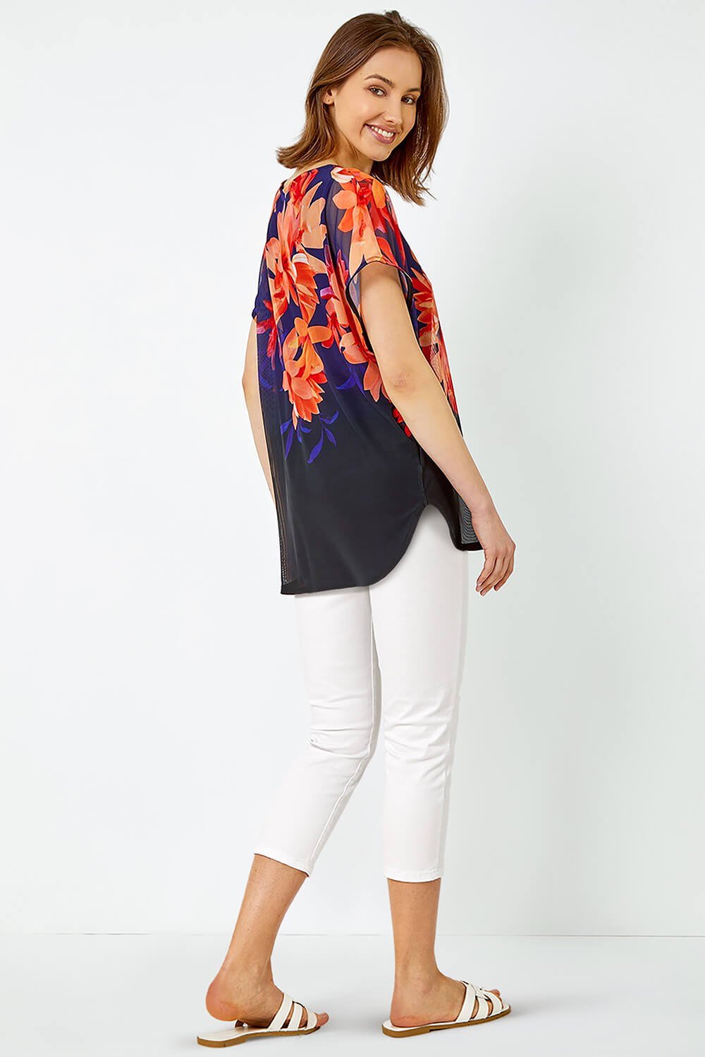 Navy  Floral Print Overlay Stretch Top, Image 3 of 5