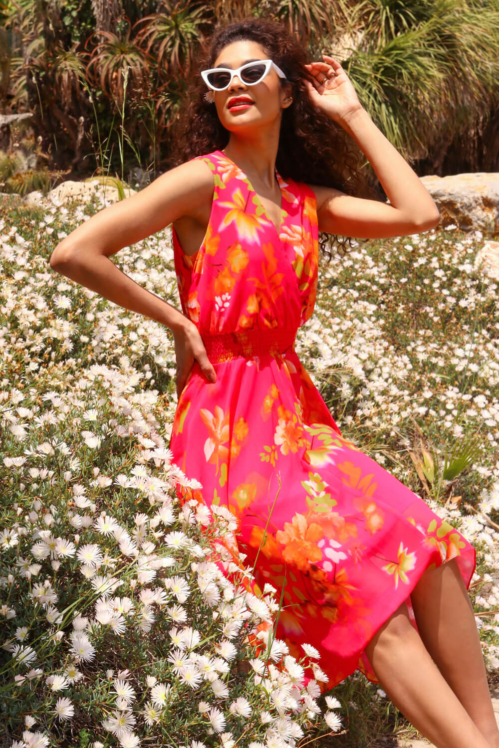 CERISE Floral Print Shirred Asymmetric Dress, Image 6 of 6