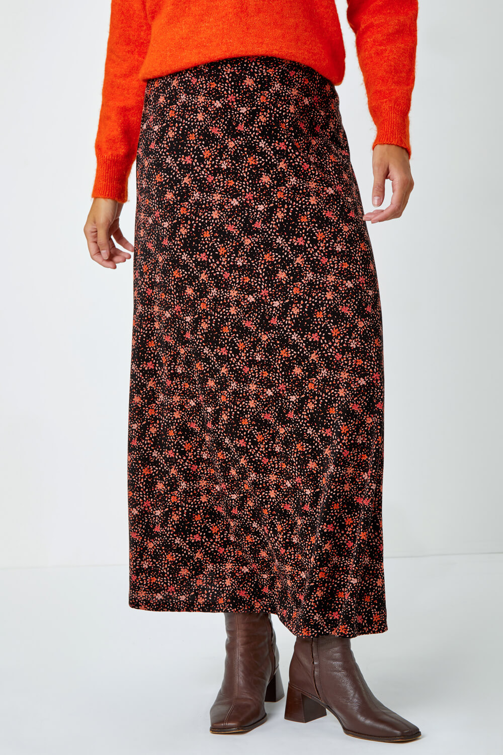 Chocolate Cotton Blend Ditsy Print Midi Skirt, Image 4 of 5