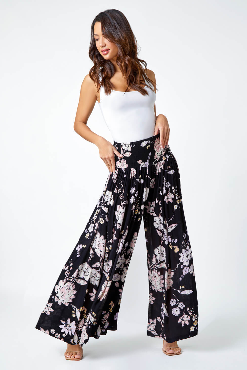 Black Floral Wide Leg Palazzo Trousers, Image 2 of 5
