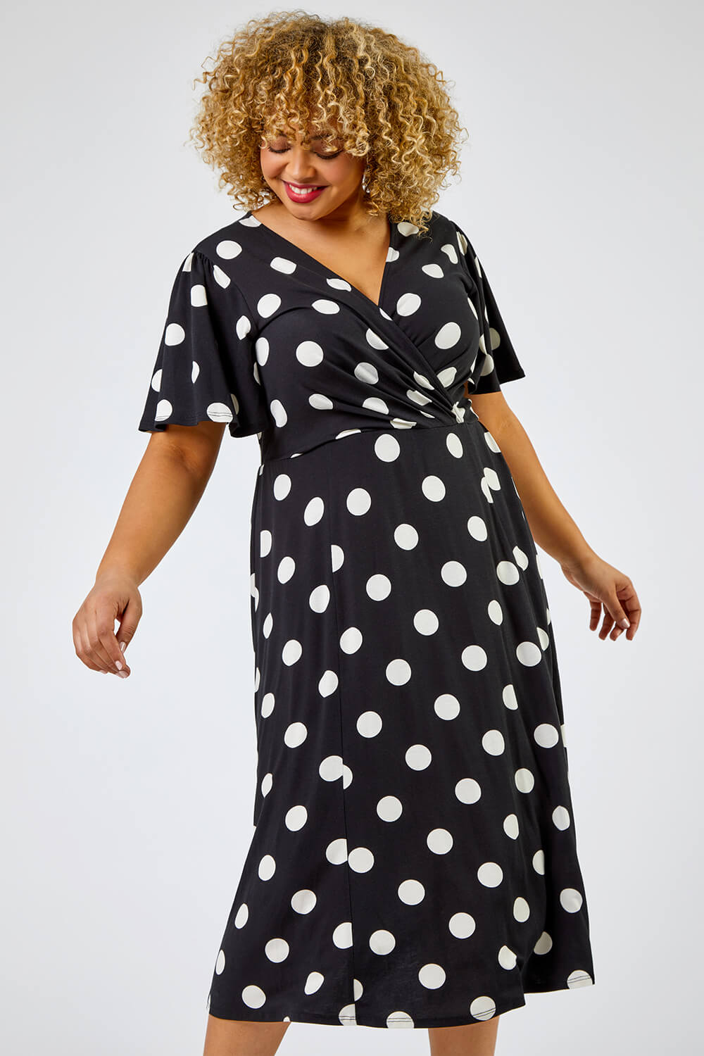 Black Curve Spot Print Midi Dress, Image 3 of 5
