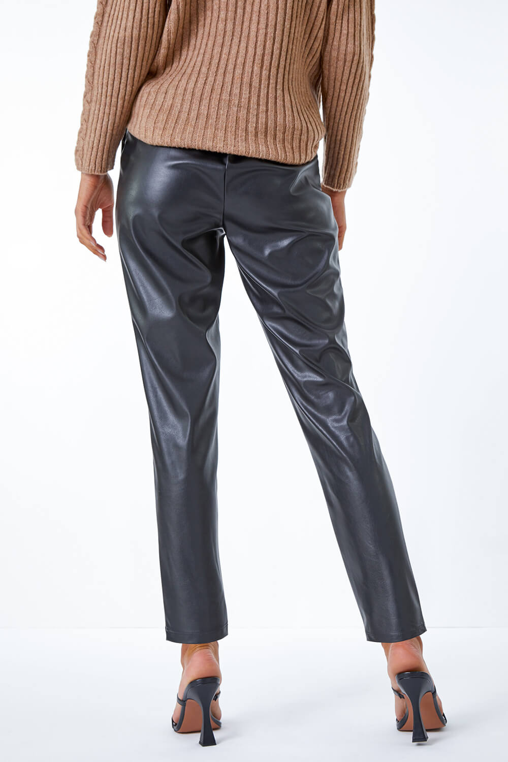 Black Faux Leather Straight Leg Trousers, Image 3 of 5