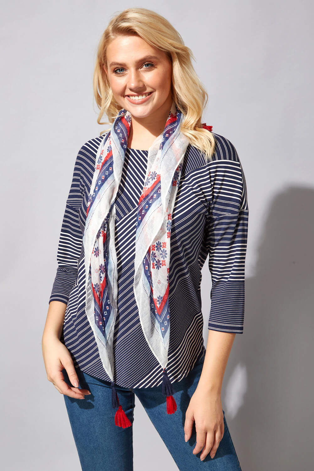 Stripe Print Top with Scarf