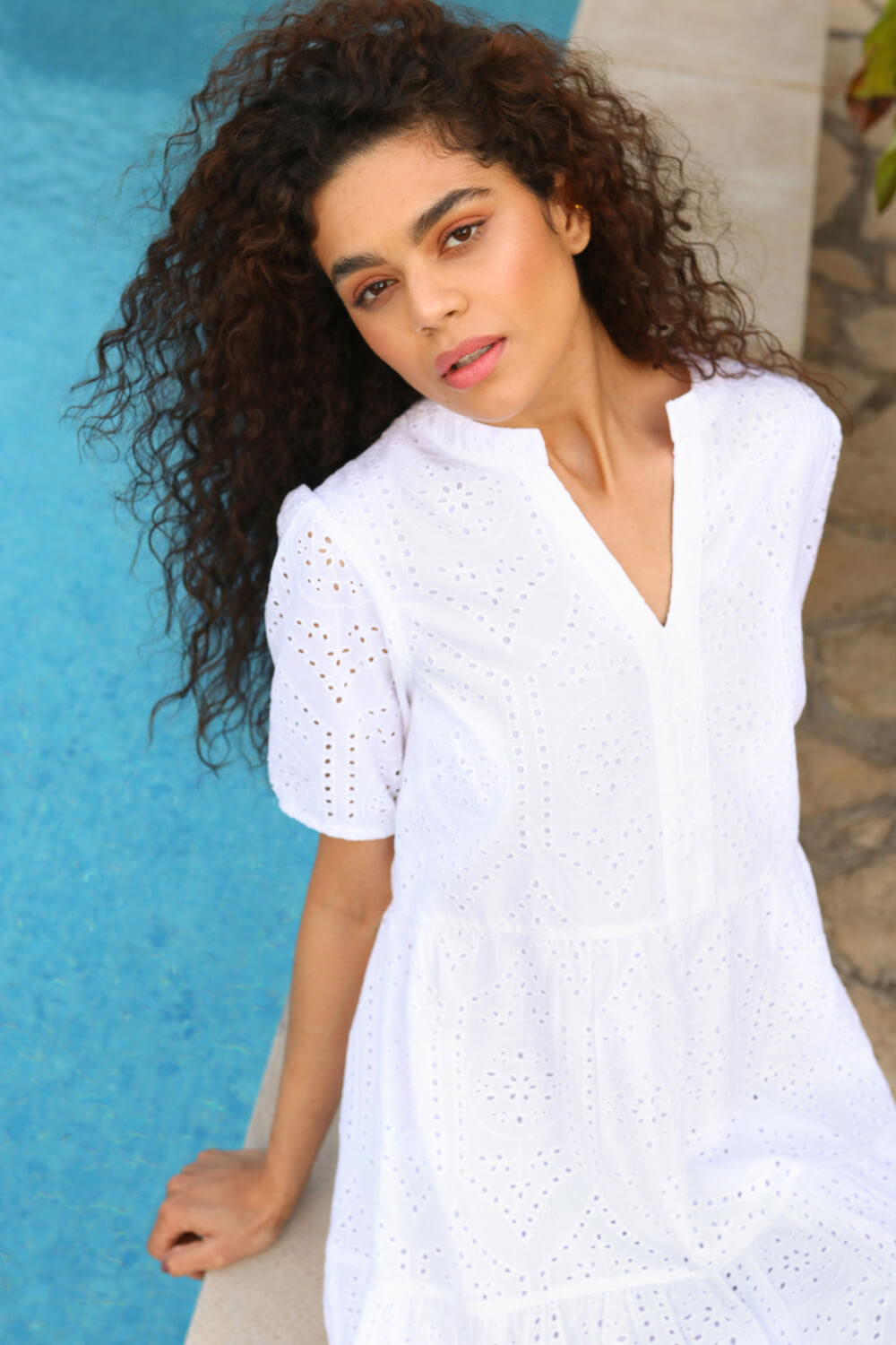 White Embroidered Tiered Cotton Smock Dress, Image 2 of 5