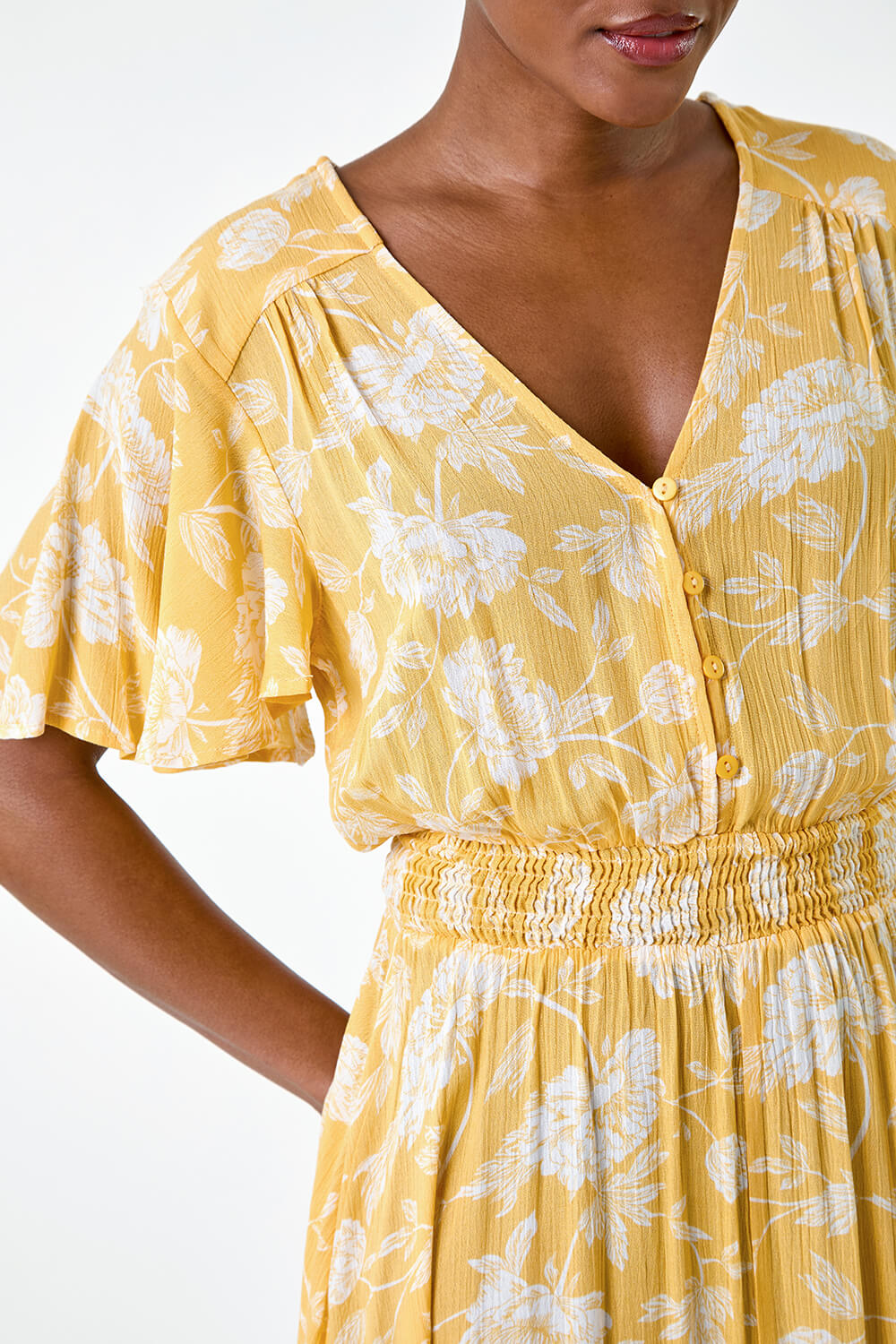 Bright Yellow Floral Print Tiered Midi Dress, Image 5 of 5