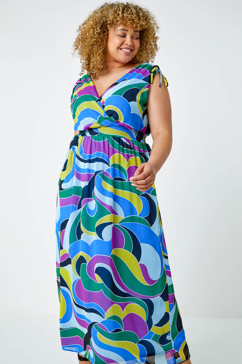 Purple Curve Abstract Shirred Stretch Maxi Dress, Image 2 of 5