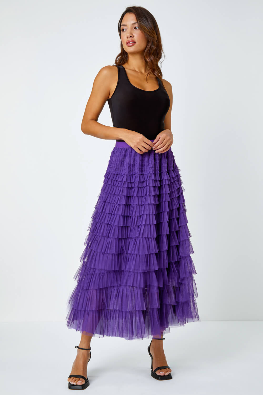 Purple Elasticated Mesh Tiered Ruffle Skirt, Image 2 of 5