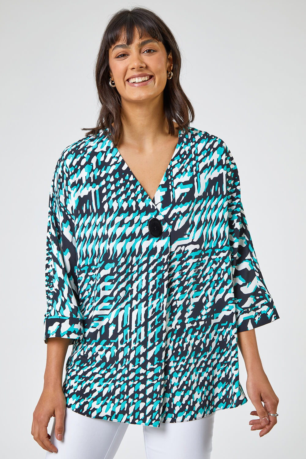 Mint Abstract Print Button Detail Top, Image 5 of 5