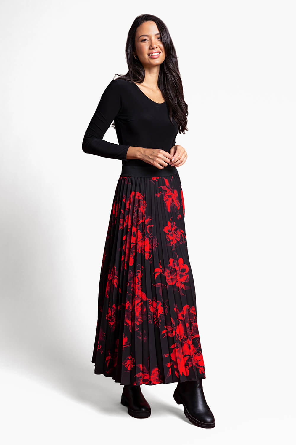 Red Floral Print Pleated Maxi Skirt, Image 4 of 4