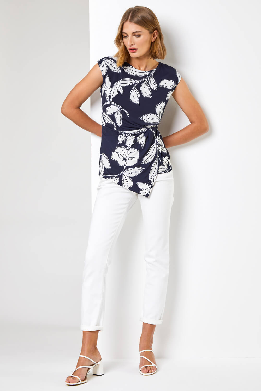 Navy  Linear Floral Print Crossover Top, Image 3 of 4