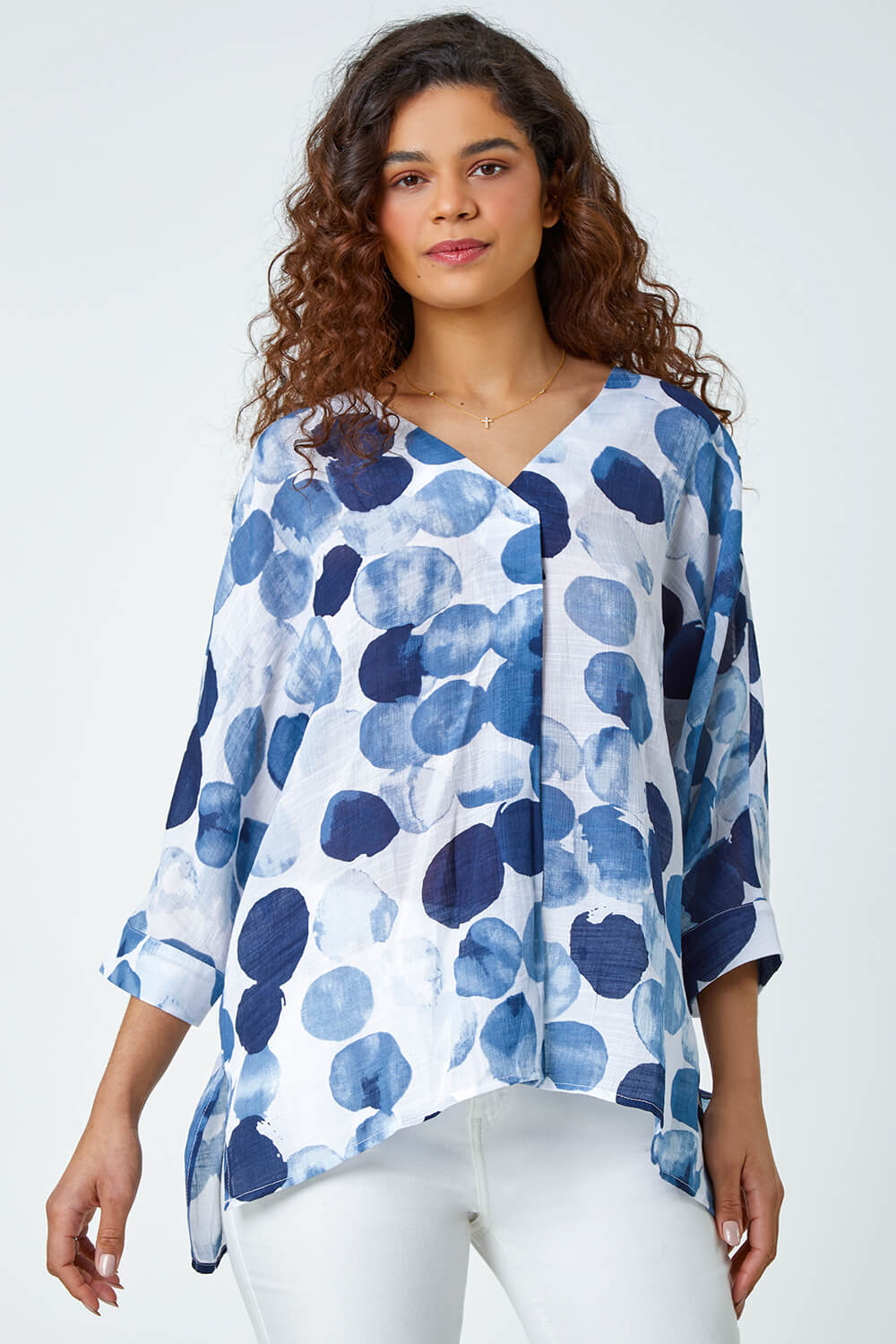 Blue Spot Print Relaxed Woven Top, Image 4 of 5