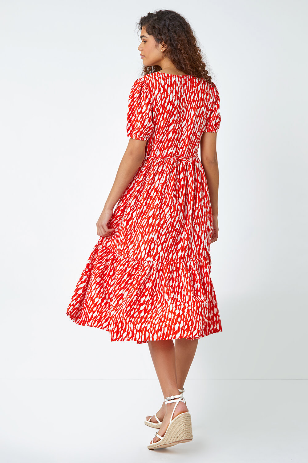 Red Abstract Frill Hem Midi Dress, Image 3 of 5