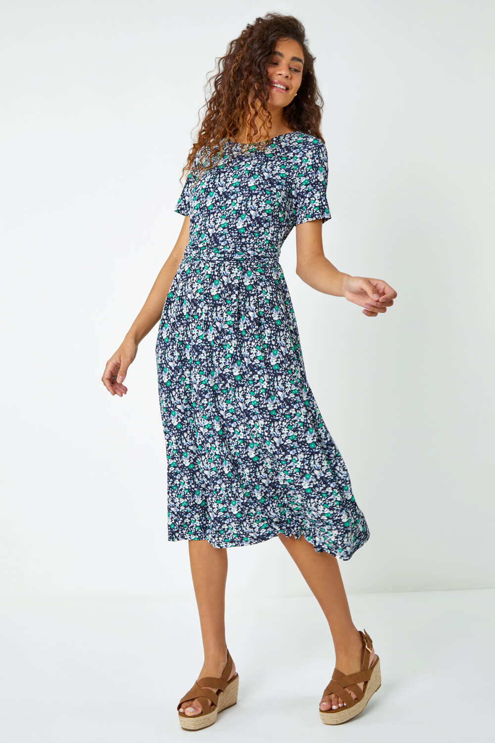 Floral Ruched Waist Pleated Dress in Green - Roman Originals UK