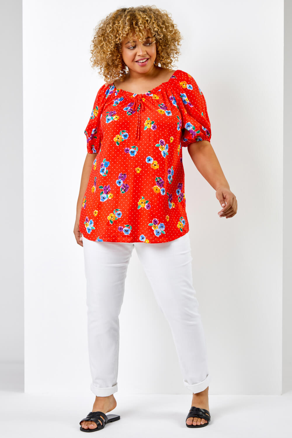 Red Curve Spot Floral Print Sweetheart Neck Top, Image 3 of 5
