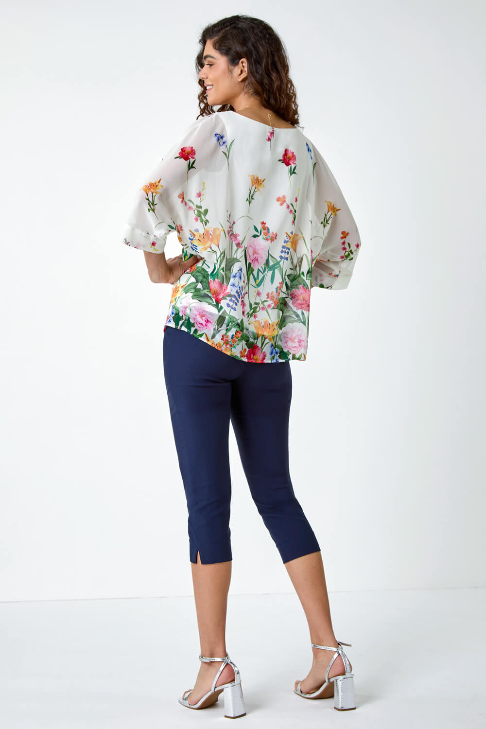 Ivory  Floral Border Print Overlay Top, Image 3 of 5
