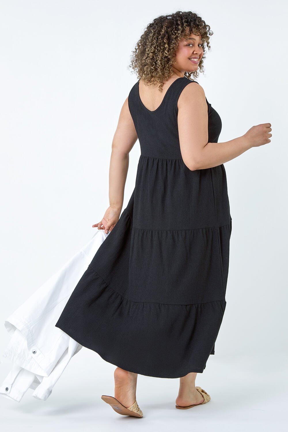 Black Curve Plain Textured Tiered Midi Dress, Image 3 of 5