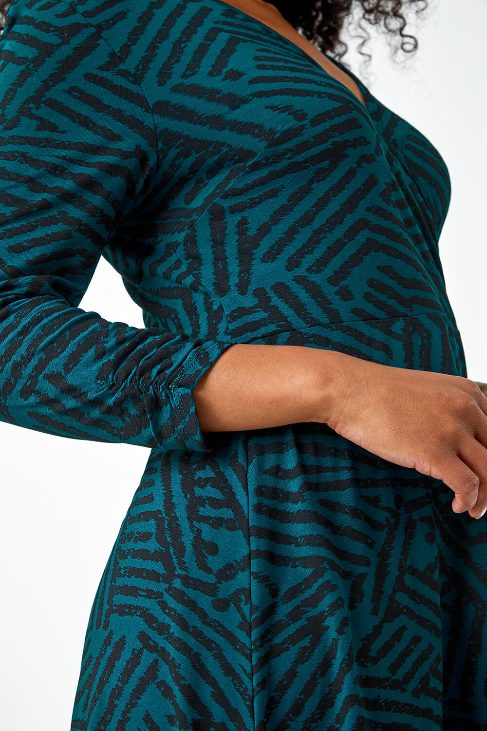Teal Petite Mock Wrap Abstract Stretch Dress, Image 5 of 5