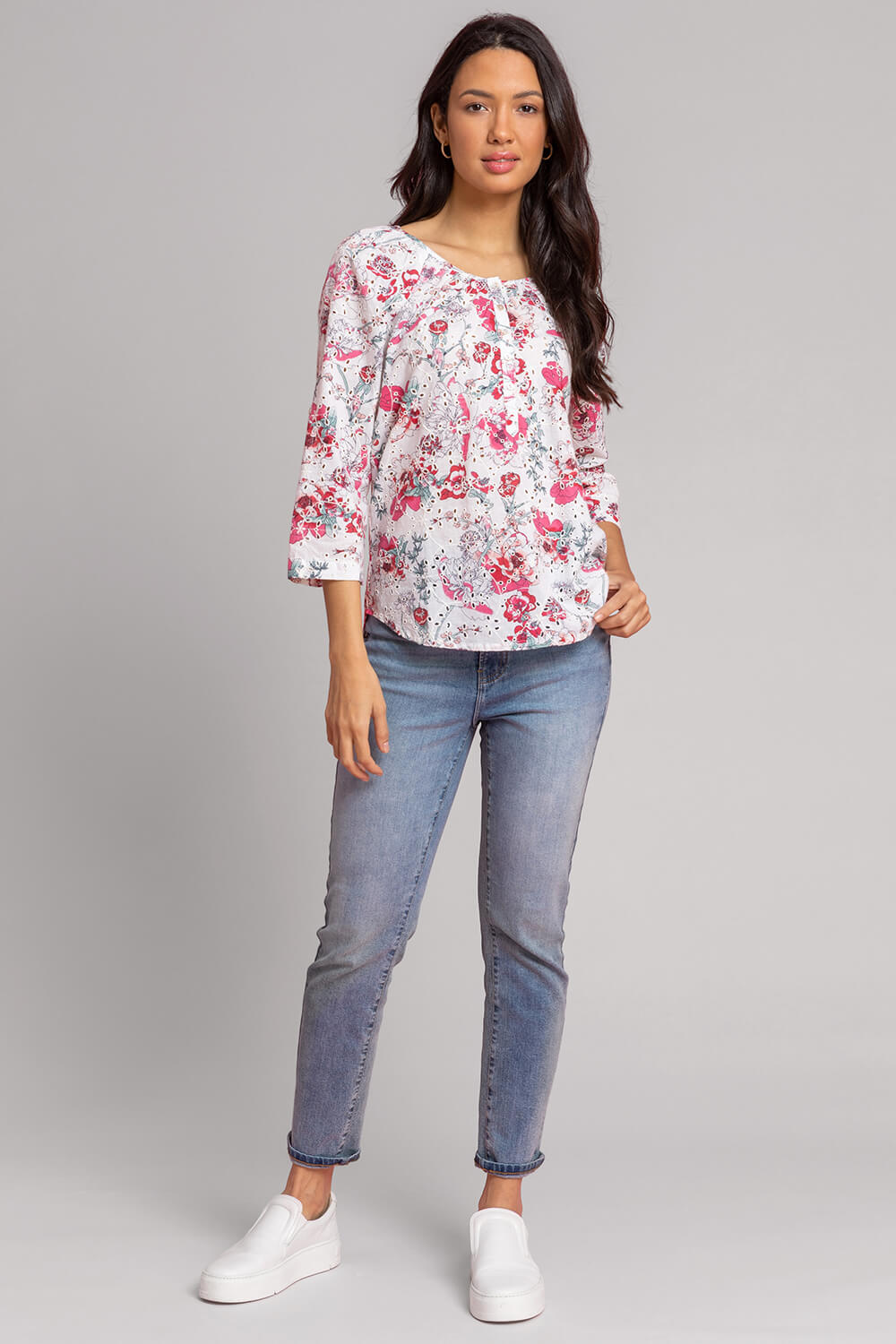 PINK Broderie Floral Print Button Top, Image 3 of 4