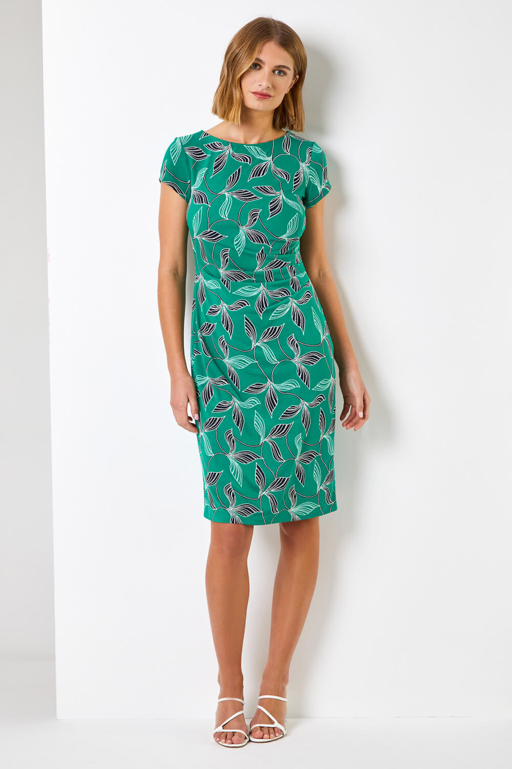Green Leaf Print Stretch Ruched Dress - Roman Originals UK