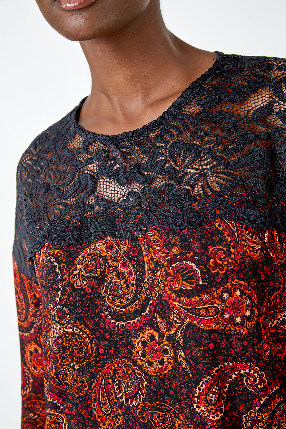 Red Lace Detail Paisley Print Stretch Top , Image 5 of 5