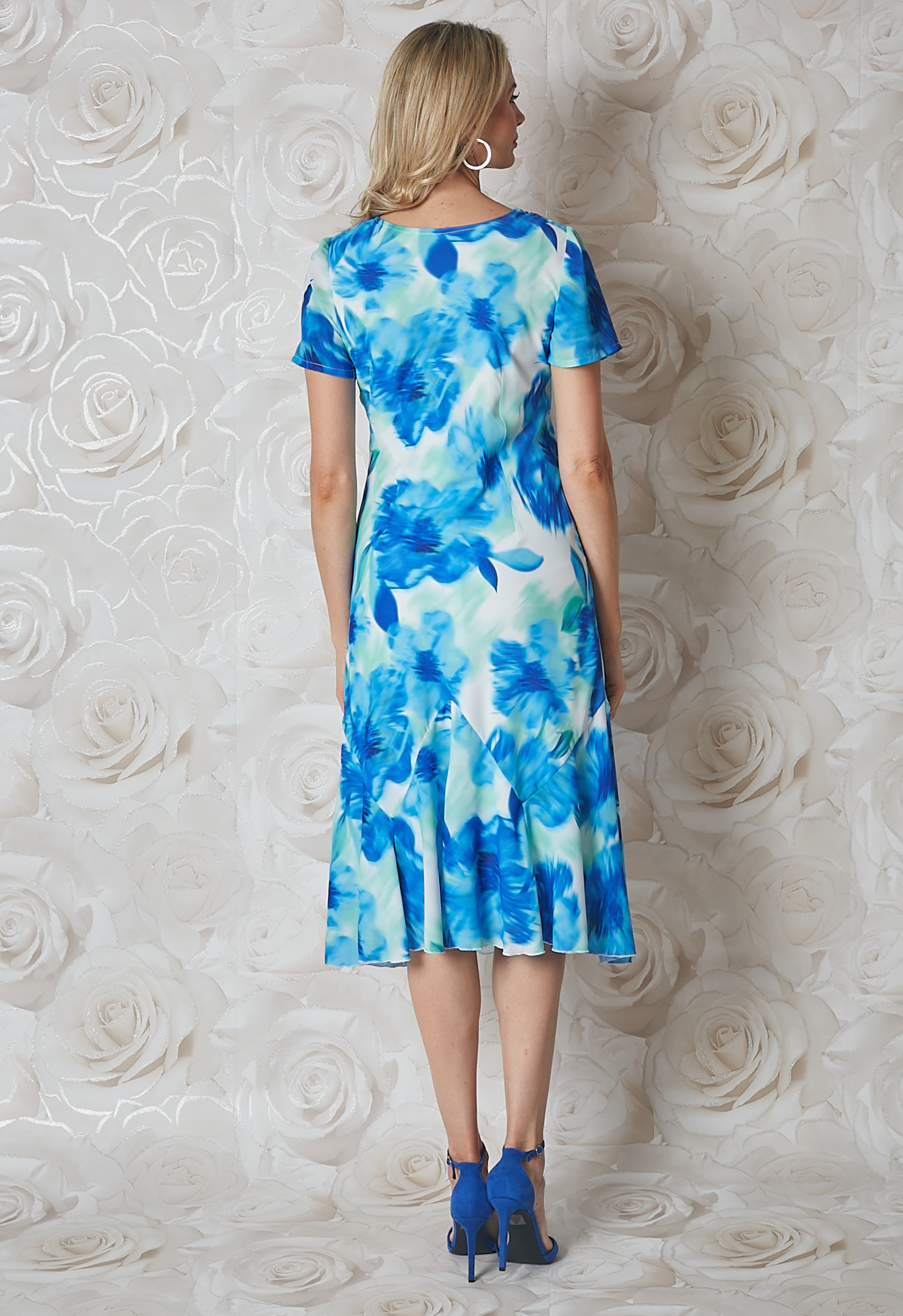 Turquoise Julianna Floral Bias Cut Midi Dress, Image 2 of 4