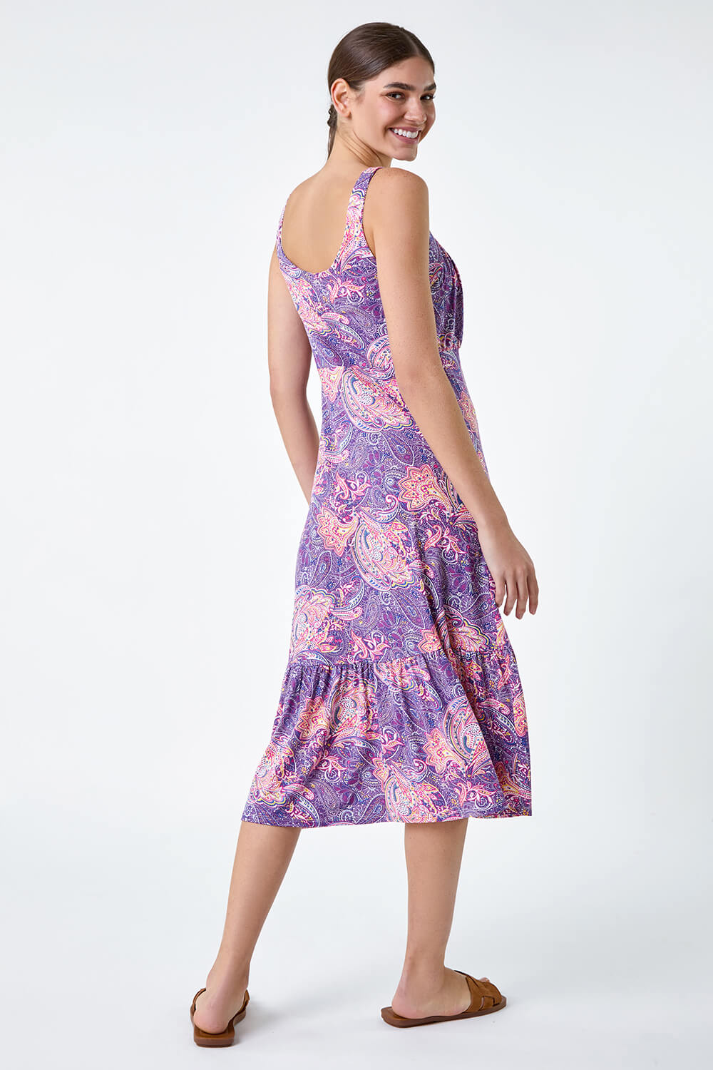 Purple Paisley Frill Hem Stretch Midi Dress, Image 3 of 5