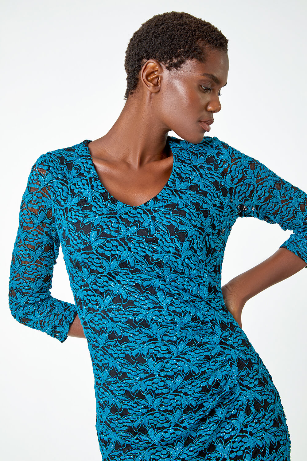 Teal Glitter Lace Ruched Shift Stretch Dress , Image 5 of 6