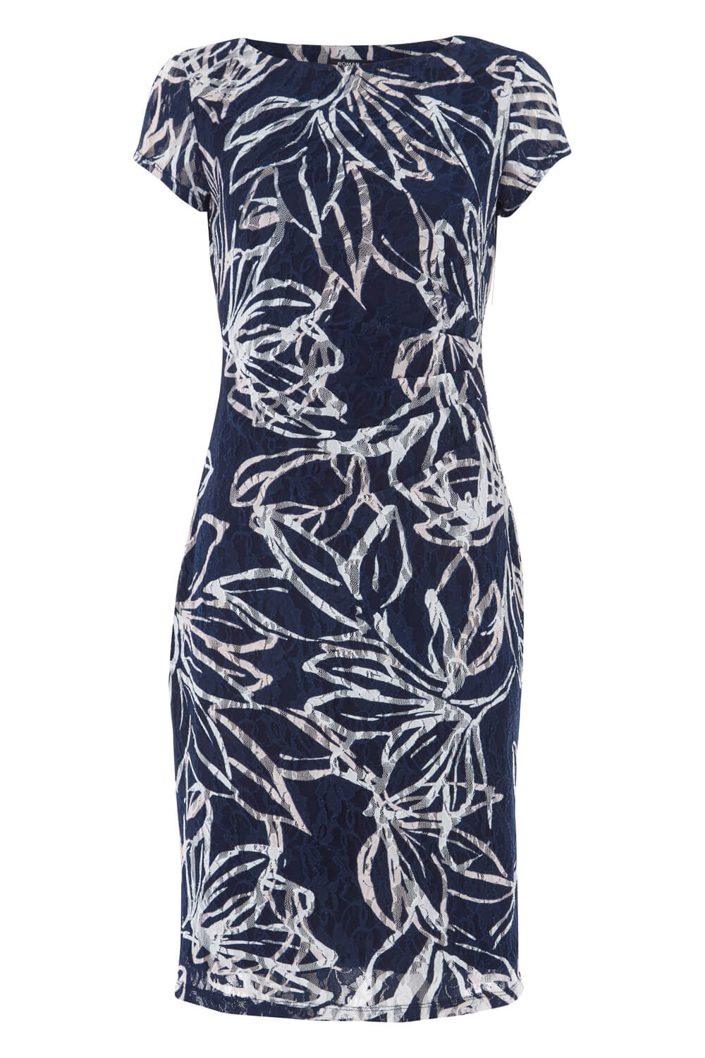 Navy  Floral Side Ruched Lace Dress, Image 4 of 4