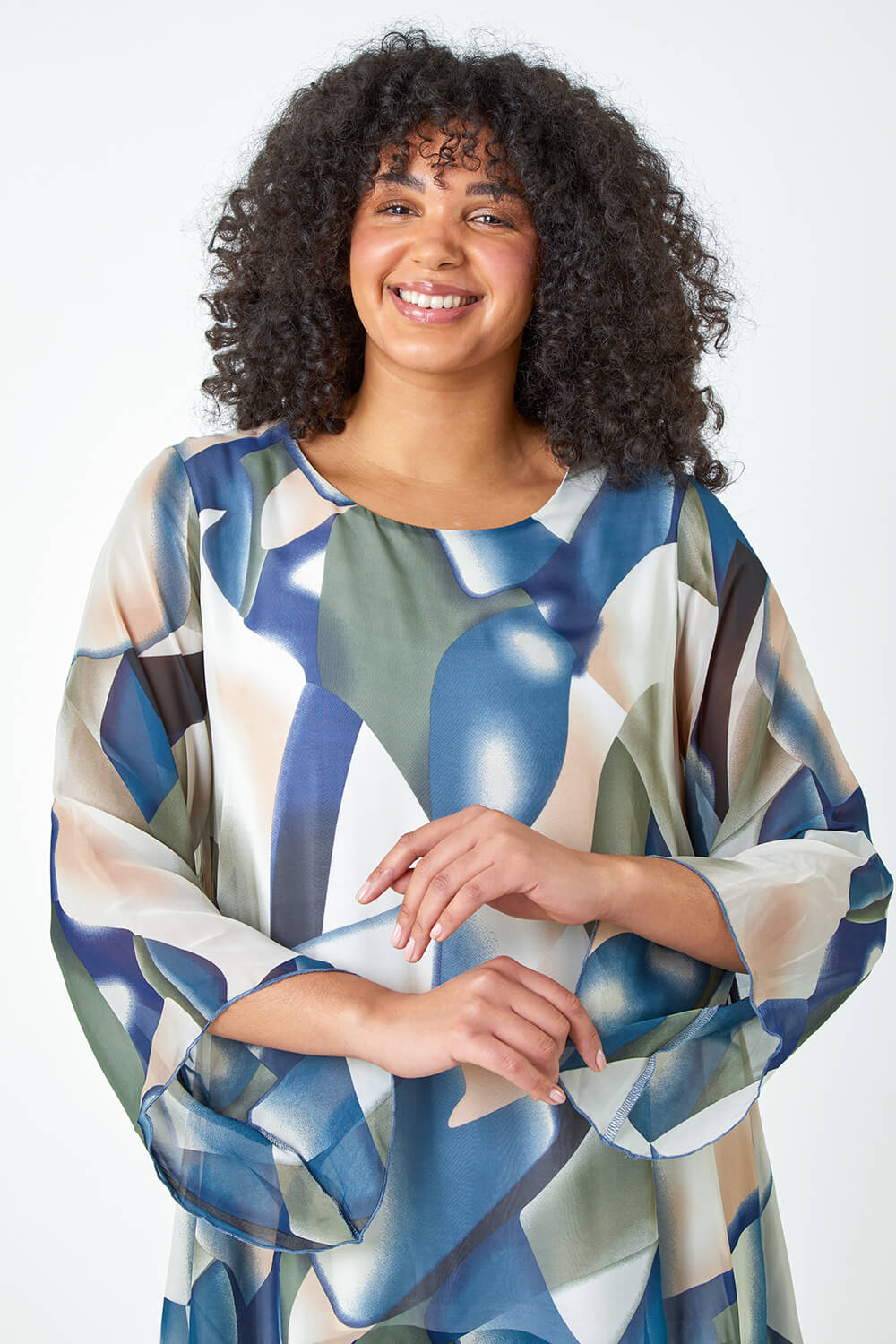 Navy  Curve Abstract Chiffon Overlay Top, Image 4 of 5