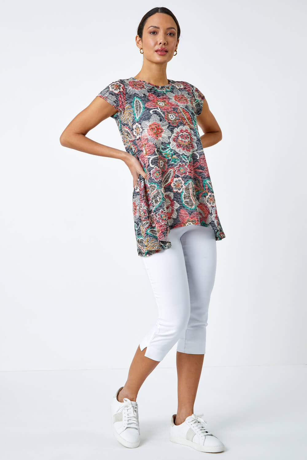 Red Floral Stretch Hanky Hem Tunic Top, Image 2 of 5