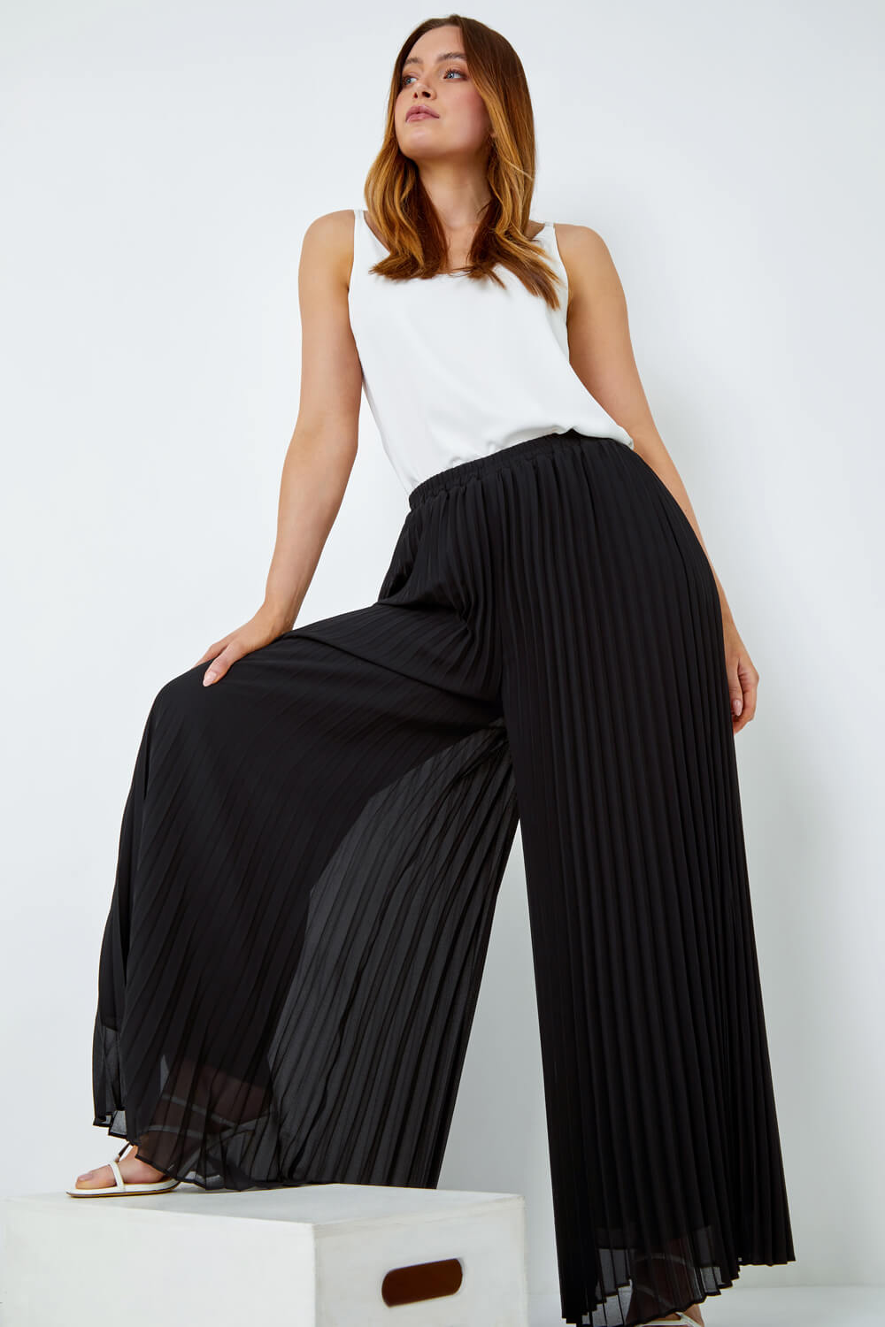 Black Pleated Wide Leg Trousers, Image 2 of 5