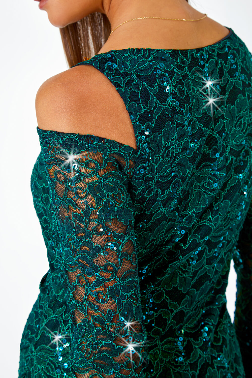 Green Sequin Cold Shoulder Lace Midi Stretch Dress, Image 5 of 5