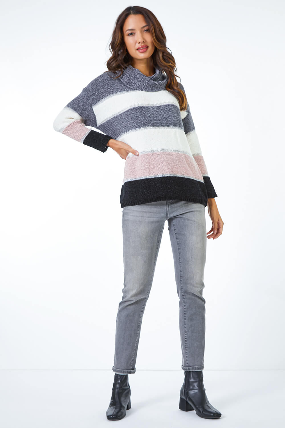 Chenille Colour Block Jumper in Grey - Roman Originals UK