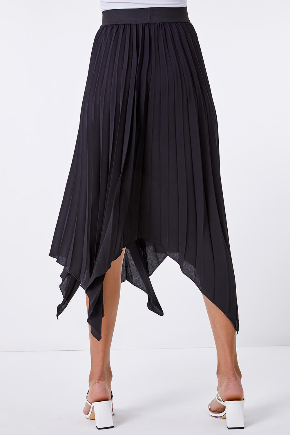 Black Pleated Hanky Hem Midi Skirt, Image 3 of 4