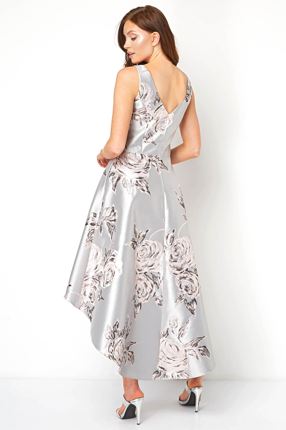 Silver Jacquard Rose Gown Dress, Image 3 of 5