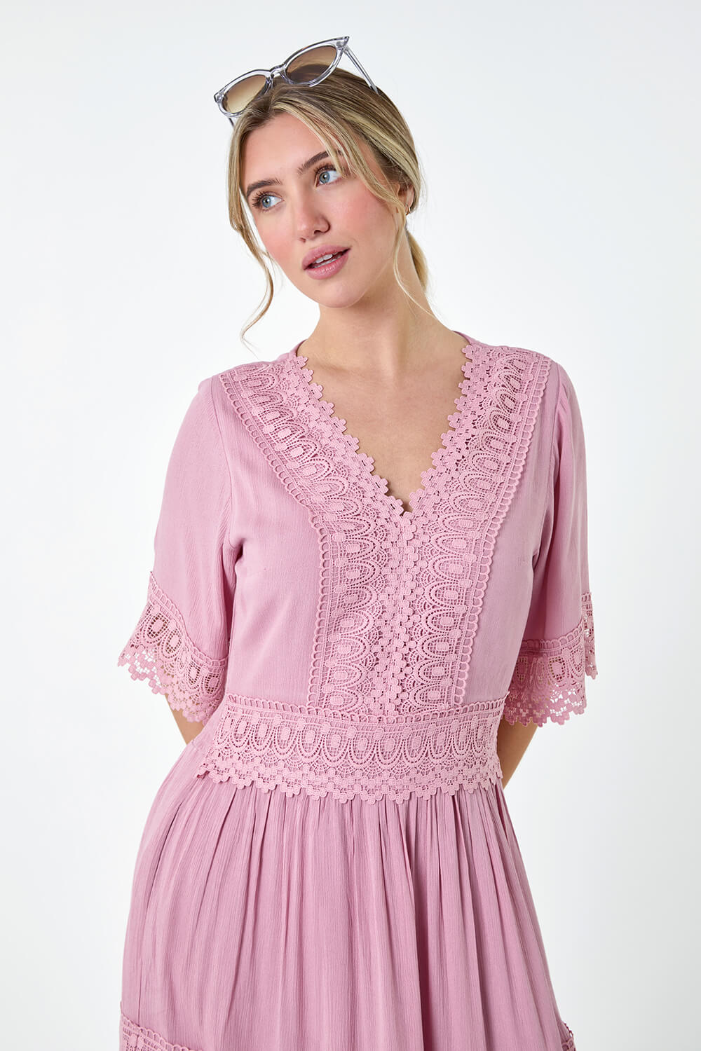 Light Pink Tiered Lace Detail Maxi Dress, Image 5 of 5