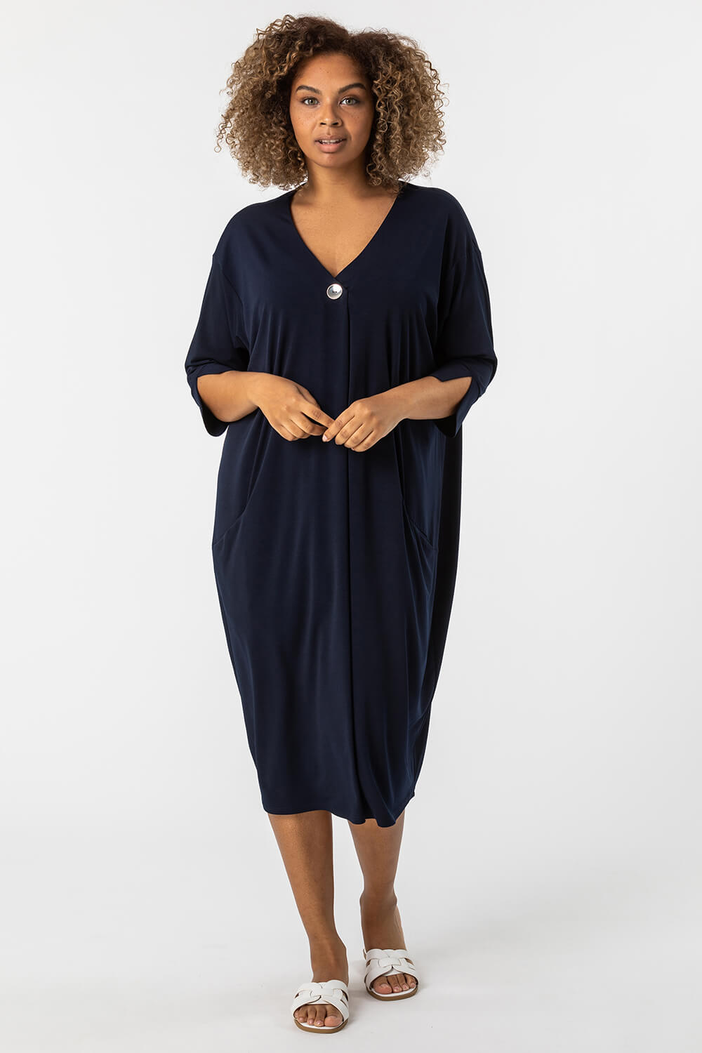 Curve Button Detail Cocoon Dress in Navy - Roman Originals UK