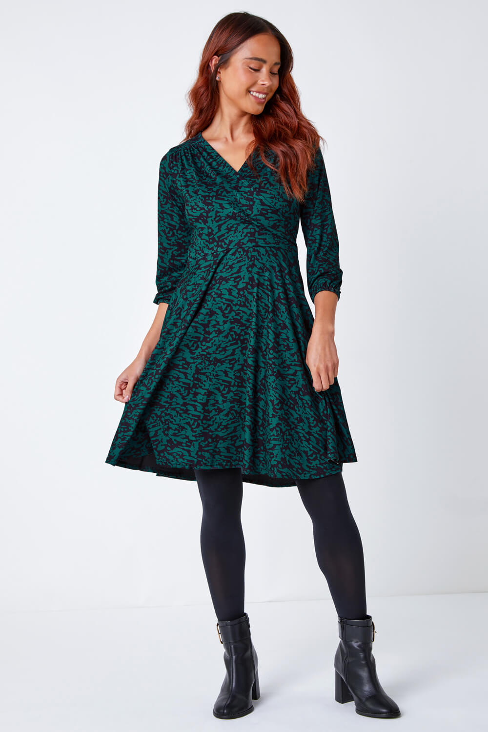 Green Petite Abstract Print Wrap Stretch Dress , Image 2 of 5