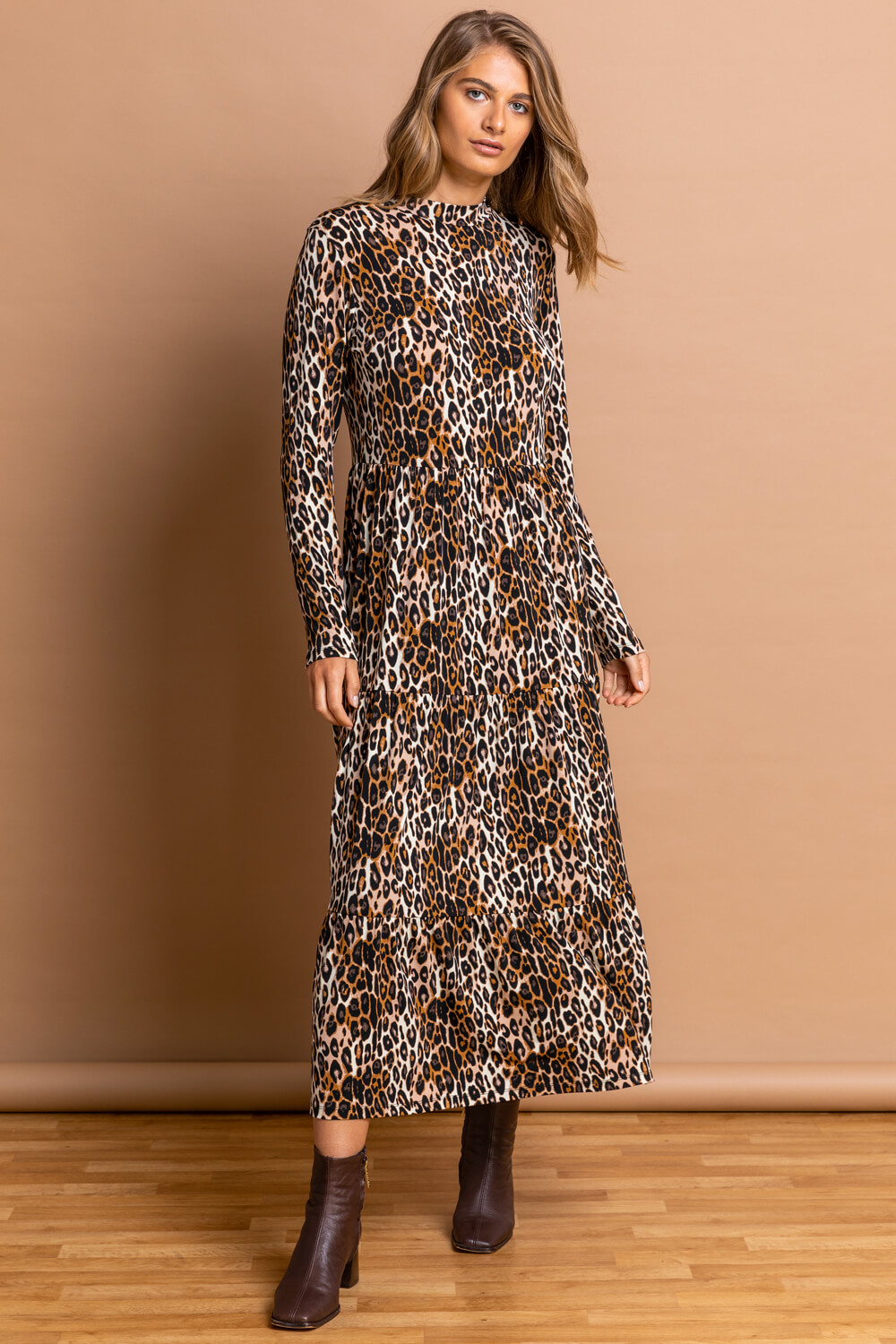 Camel  High Neck Leopard Print Midi Dress, Image 3 of 5