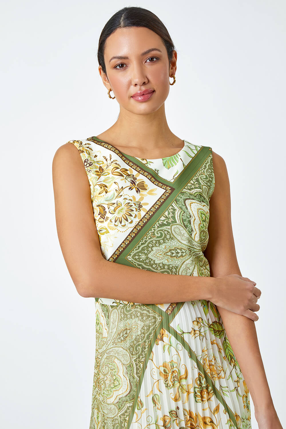 Green Paisley Scarf Print Pleated Midi Dress, Image 3 of 5