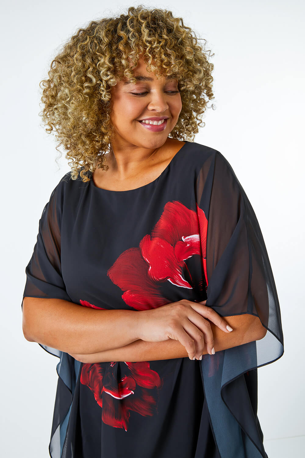 Red Curve Floral Chiffon Overlay Top  , Image 4 of 5