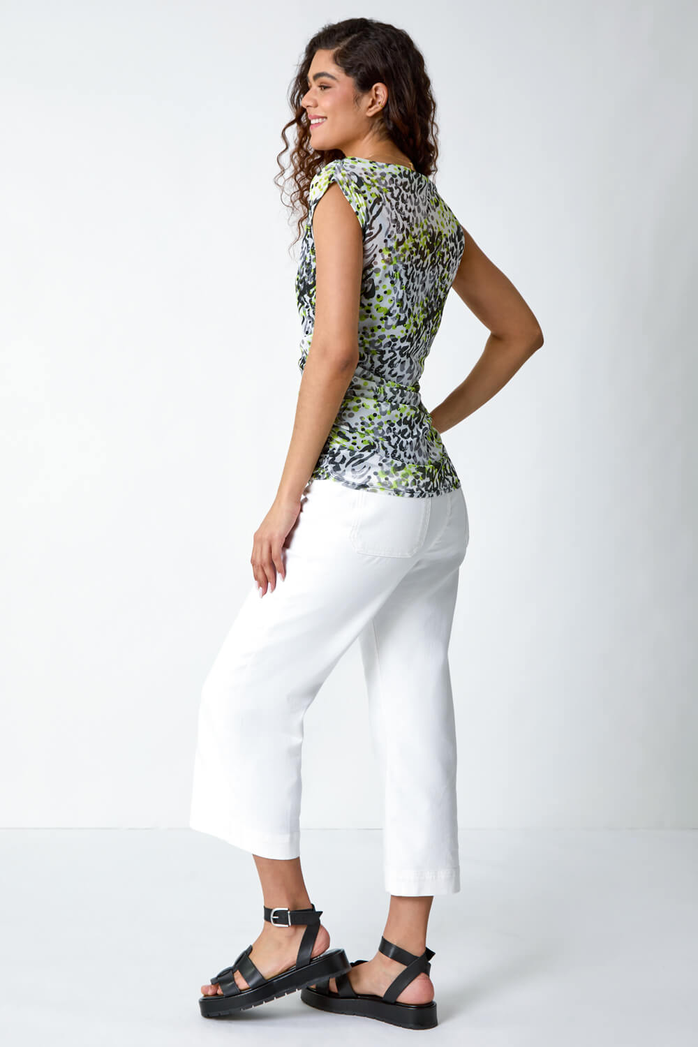 Lime Animal Print Mesh Ruched Stretch Top, Image 3 of 5