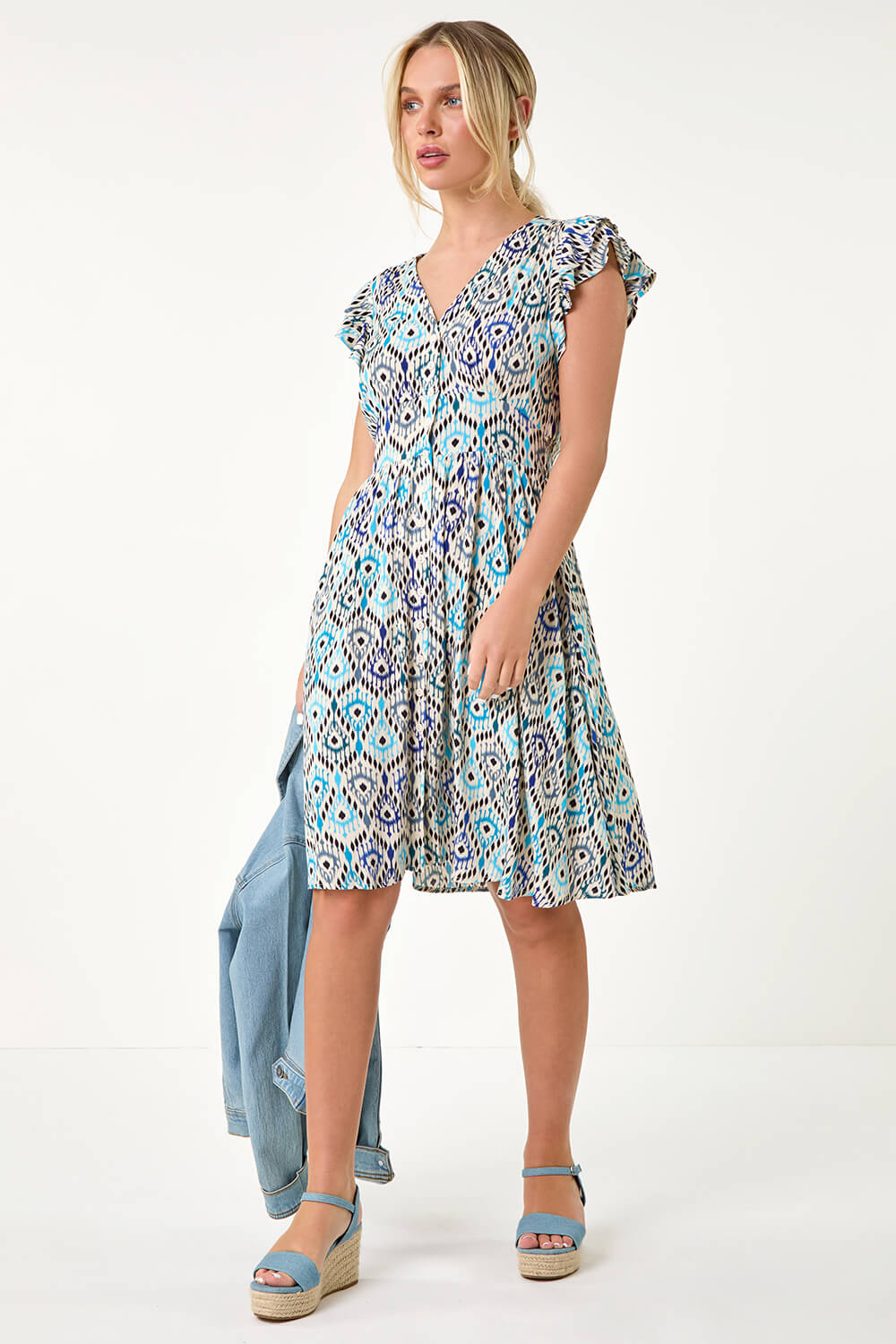 Blue Petite Aztec Print Frill Pocket Dress | Roman UK