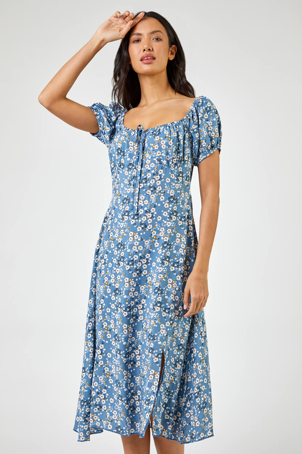 Blue Ditsy Floral Tie Neck Midi Dress, Image 4 of 5